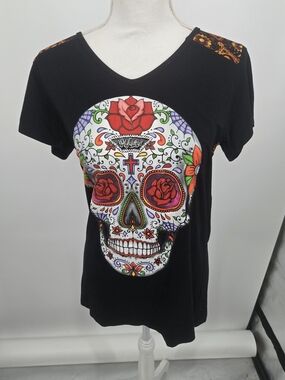 Ay Guey Black Sugar Skull Tee with Floral Accents 2X NWT (6653)